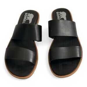 Sorel Ella II Slide Sandals Black Leather Comfort Slide Minimalist Flat Size US8